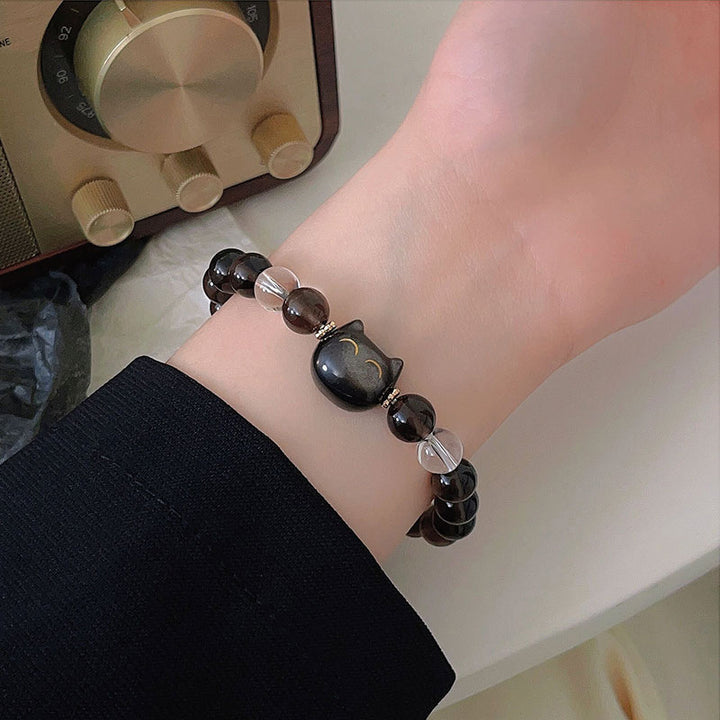 Buddha Stones Natürliches Eis-Obsidian-Silber-Glanz-Obsidian-Niedliches Katzen-Positiv-Armband