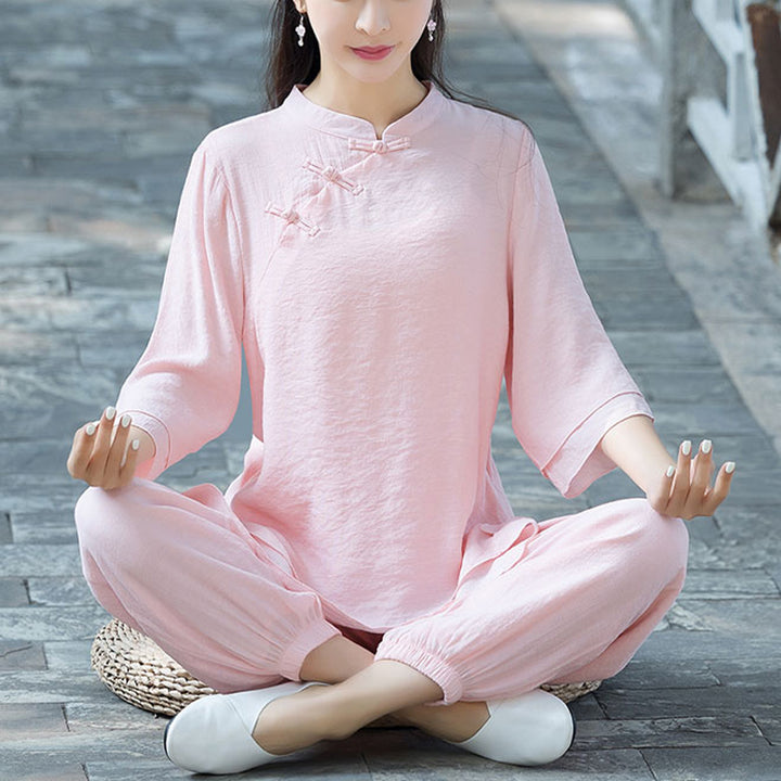 Buddha Stones 2-teiliges schlichtes Design-Oberteil, Hose, Meditation, Yoga, Zen, Tai Chi, Baumwoll-Leinen-Kleidung, Damen-Set