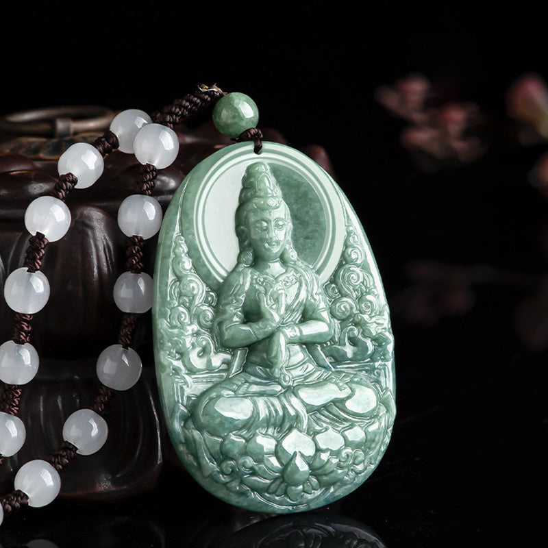 Buddha Stones Natürliche Jade Avalokitesvara Amulett Reichtum Halskette Anhänger