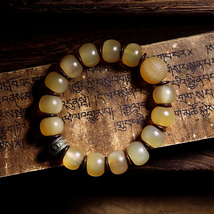 Buddha Stones Handgefertigtes tibetisches Schafhorn-Armband Om Mani Padme Hum Glücksverheißung