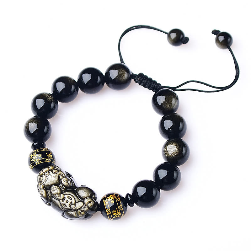 Buddha Stones Natürlicher Goldglanz-Obsidian PiXiu Om Mani Padme Hum Reichtum geflochtenes Armband