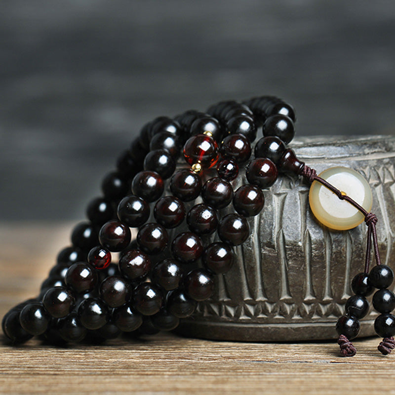 Buddha Stones, 108 Mala-Perlen, 4,8 Sterne, mit goldenem Stern, indisches kleines Blatt, rotes Sandelholz, Bernstein, Türkis, chinesisches Knoten-Segen-Armband