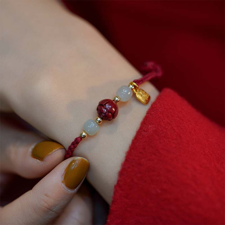 Buddha Stones Cinnabar Jade Lotus Calm Red String Weave Armband