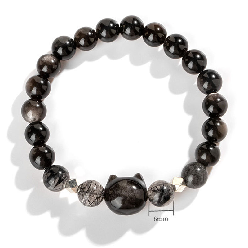 Buddha Stones Natürliches silberglänzendes Obsidian-Armband zum Schutz des niedlichen Katzenkopfes