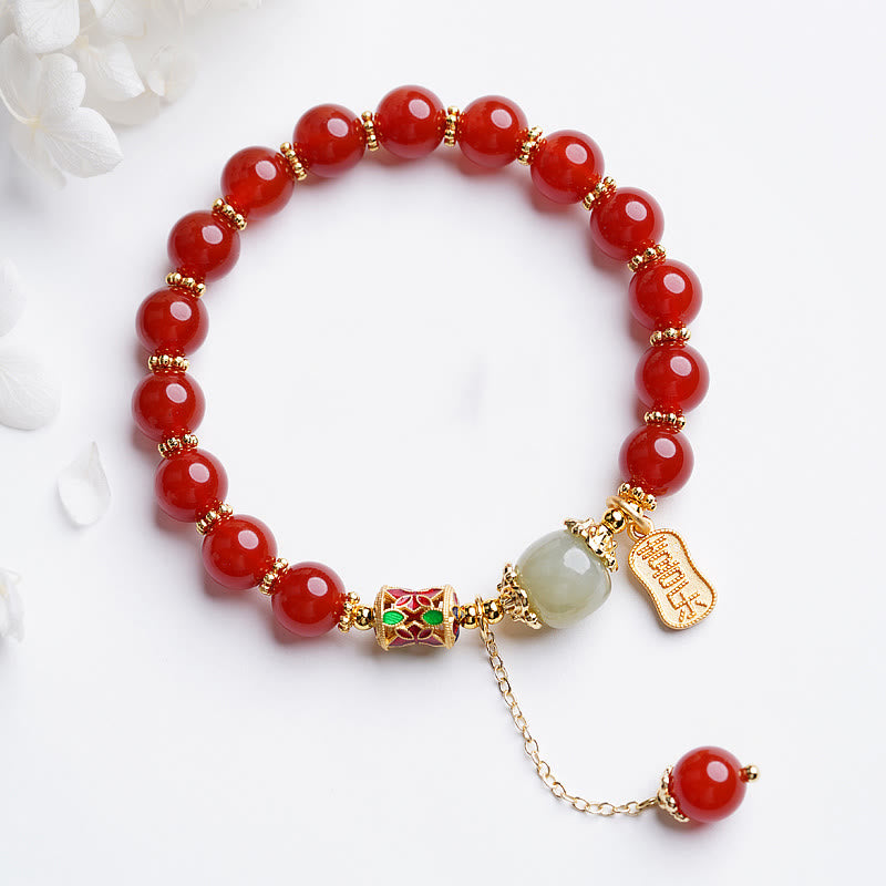 Buddha Stones Natürliches rotes Achat-Hetian-Jade-Fu-Charm-Charm-Armband