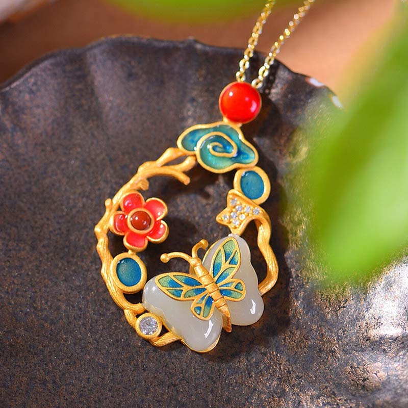 Weiß Jade-Blumen-Schmetterling-Glück-Halsketten-Anhänger