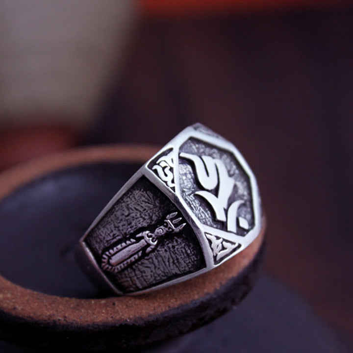 Verstellbarer Ring aus 925er-Sterlingsilber mit Buddha Stonesn, Sanskrit-Design, geschnitzter Schutz