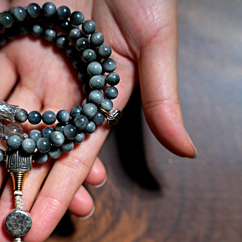 Buddha Stones 925 Sterling Silber 108 Mala Perlen Adlerauge Stein Mondstein Positives Armband