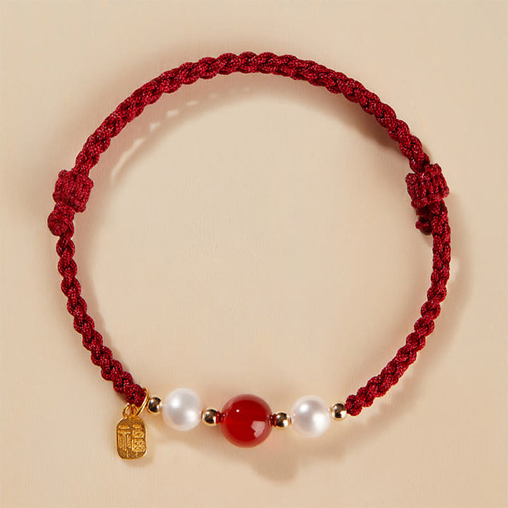 Armband mit Buddha Stonesn, 925er-Sterlingsilber, Glücksbringer, Fu-Charakter, Achat, Perle, rote Schnur