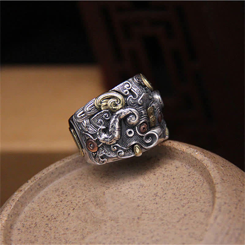 925 Sterling Silber Fengshui Kui Rinderschutz Verstellbarer Ring