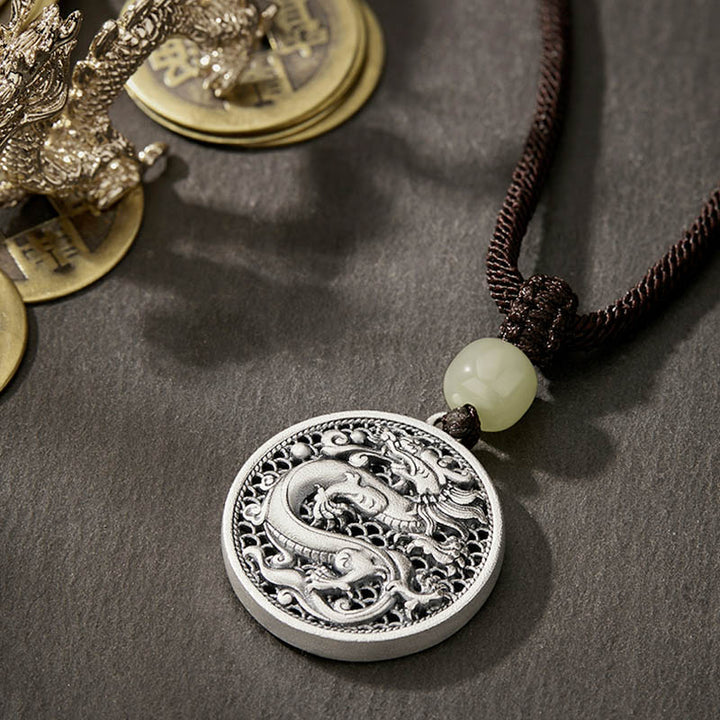 Buddha Stones 999 Sterling Silber Jahr des Drachen Fu Charakter Hetian Jade Success Halskette Anhänger