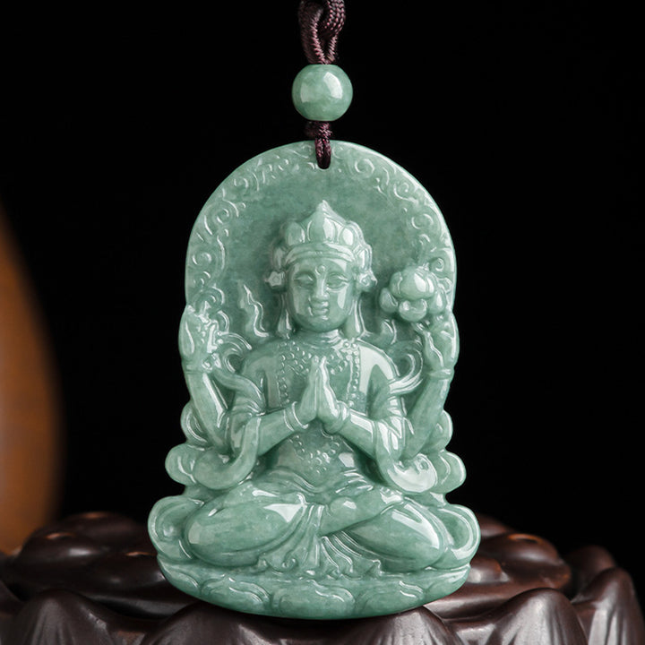 Vierarmige Avalokitesvara-Amulett-Segen-Halskette aus natürlicher Jade