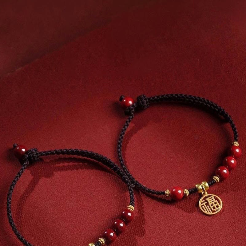 Buddha Stones Cinnabar Bead Fu Charakter Charm Segen geflochtenes Schnurarmband