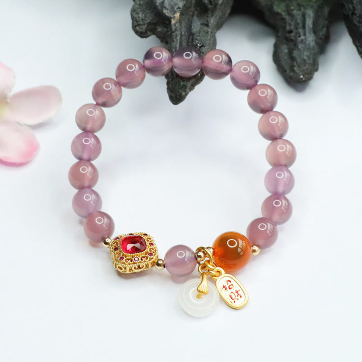 Charm-Armband mit Buddha Stonesn, natürlichem violettem Chalcedon, Bonbon-Achat, Friedensschnalle, Harmonie, Glück, Glück