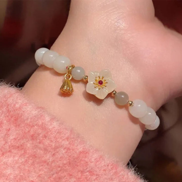 Armband mit Buddha Stonesn, Jade, Pfirsichblüte, Blume, Perle, Glück, Segen