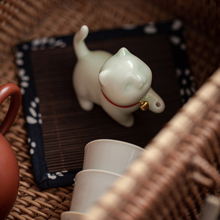 Buddha Stones, Mini-Glückskatze, Kätzchen, Teehaustier, Keramik, Schreibtisch-Figur, Dekoration mit Bambusmatte