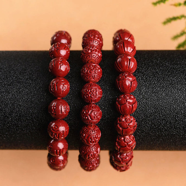 Armband mit Buddha Stonesn, natürlichem Zinnober, Om Mani Padme Hum Bundmuster, Lotus-Segen