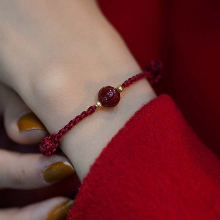 Buddha Stones Cinnabar Jade Lotus Calm Red String Weave Armband