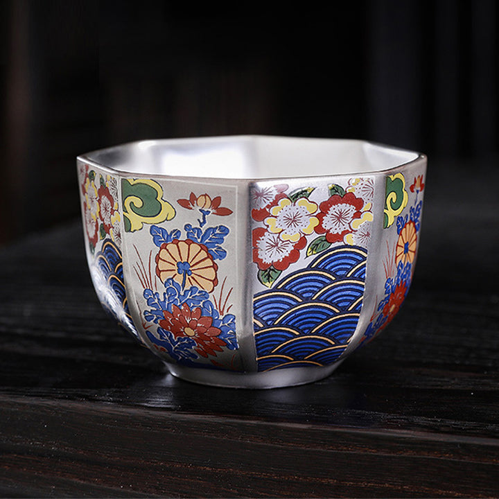 Buddha Stones 999 Sterling Silber Vergoldung Chrysanthemenblüten Keramik Teetasse Kung Fu Teetasse