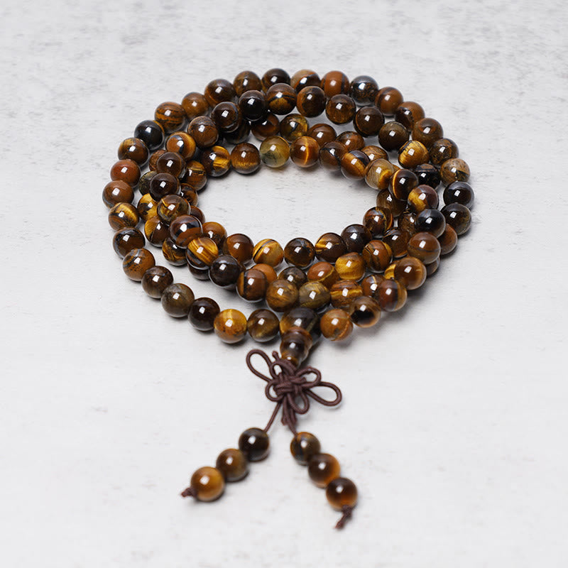 Buddha Stones Tibetische 108 natürliche Tigerauge-Edelsteinperlen Gebets-Mala-Armband-Halskette