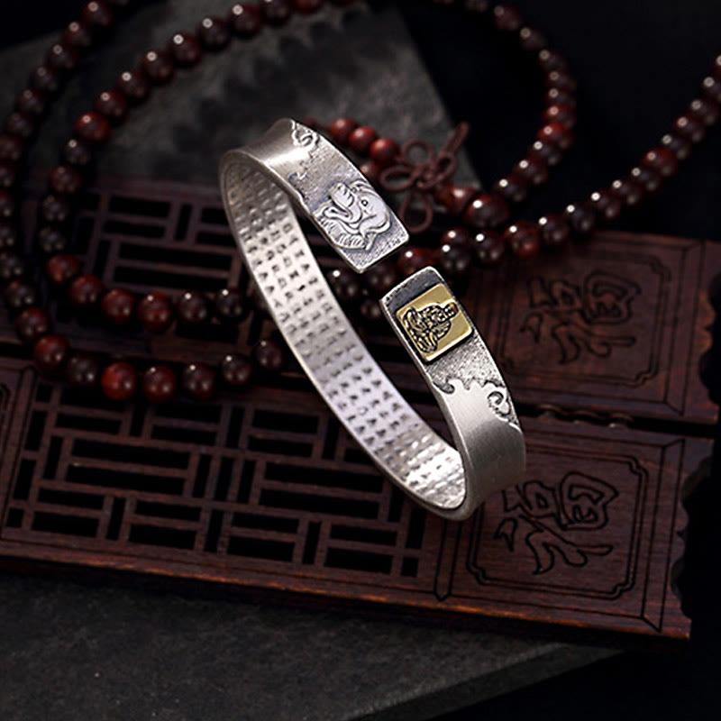 Buddha Stones 999 Sterling Silber Jahr des Drachen Chinesisches Sternzeichen Om Mani Padme Hum Herz Sutra geschnitzt Weisheit Armband Armreif