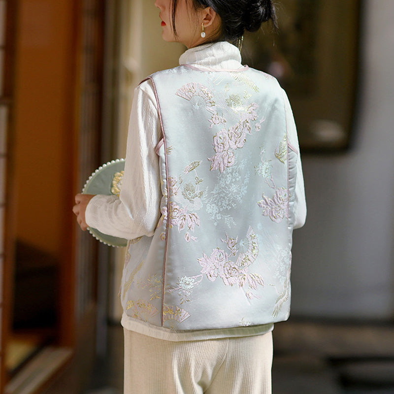 Buddha Stones Kranich Blumen Gras Stickerei Kleidung Chinesische Weste Damen Kleidung