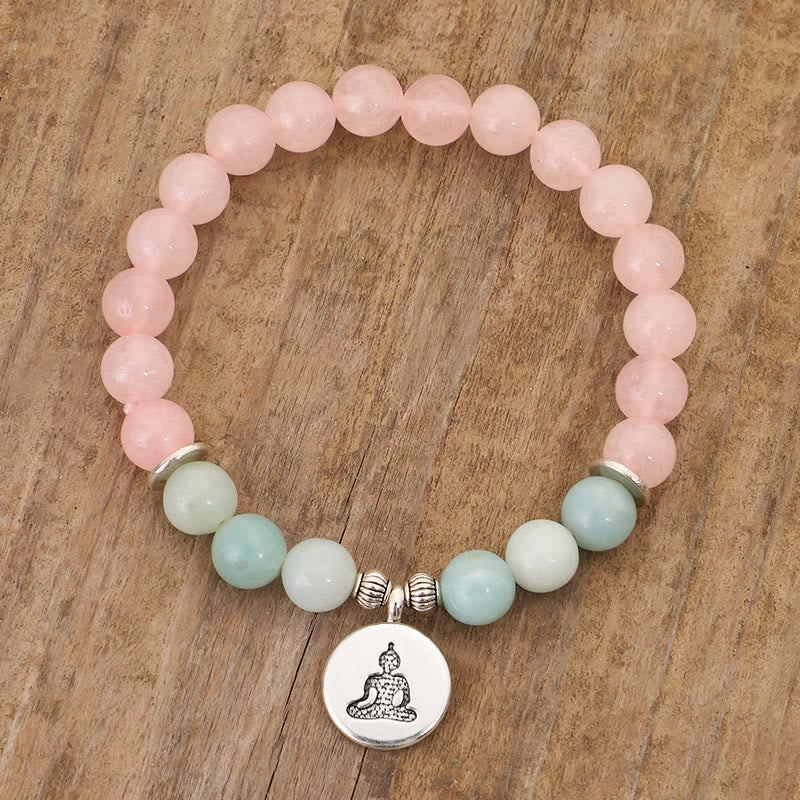 Armband mit Buddha Stonesn, natürlichem rosa Kristall, Amazonit, Lotus, Buddha, OM-Symbol, Wärme