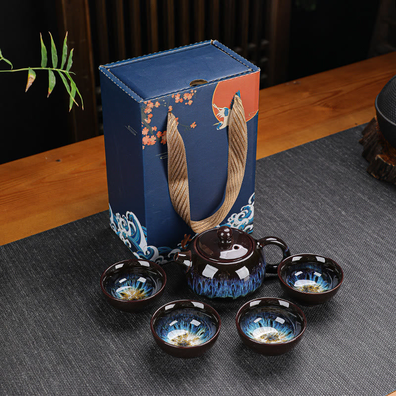 Buddha Stones Vintage Farbverlauf Blau Chinesische Gongfu Teetasse Set Keramik Teekanne Box