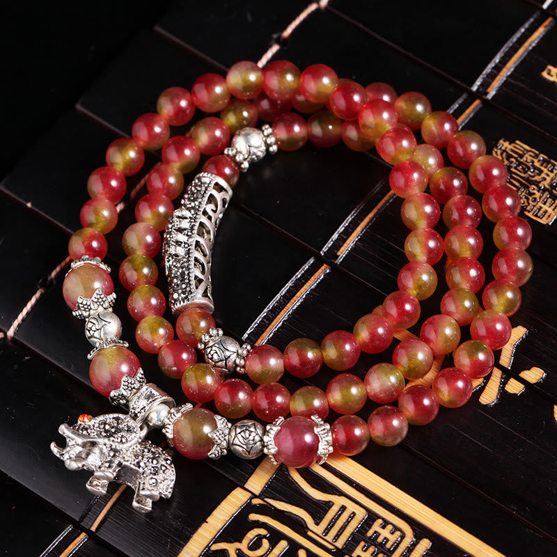 Buddha Stones Natürlicher Wassermelonen-Turmalin PiXiu Elephant Positive Triple Wrap Armband