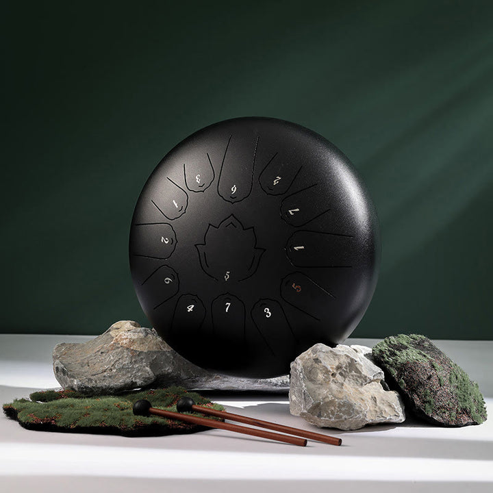 Buddha Stones Steel Tongue Drum Sound Heilung Achtsamkeit Lotus Muster Yoga Drum Kit 13 Note 12 Zoll Percussion Instrument