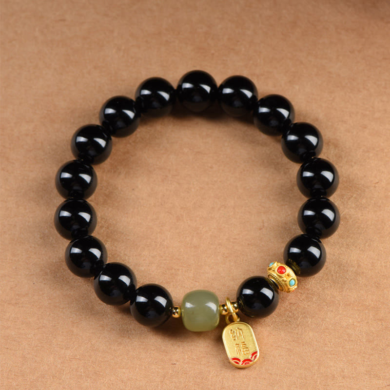 Buddha Stones, schwarzer Onyx, Hetian-Jade-Perlen, Glücksbringer-Charm-Armband