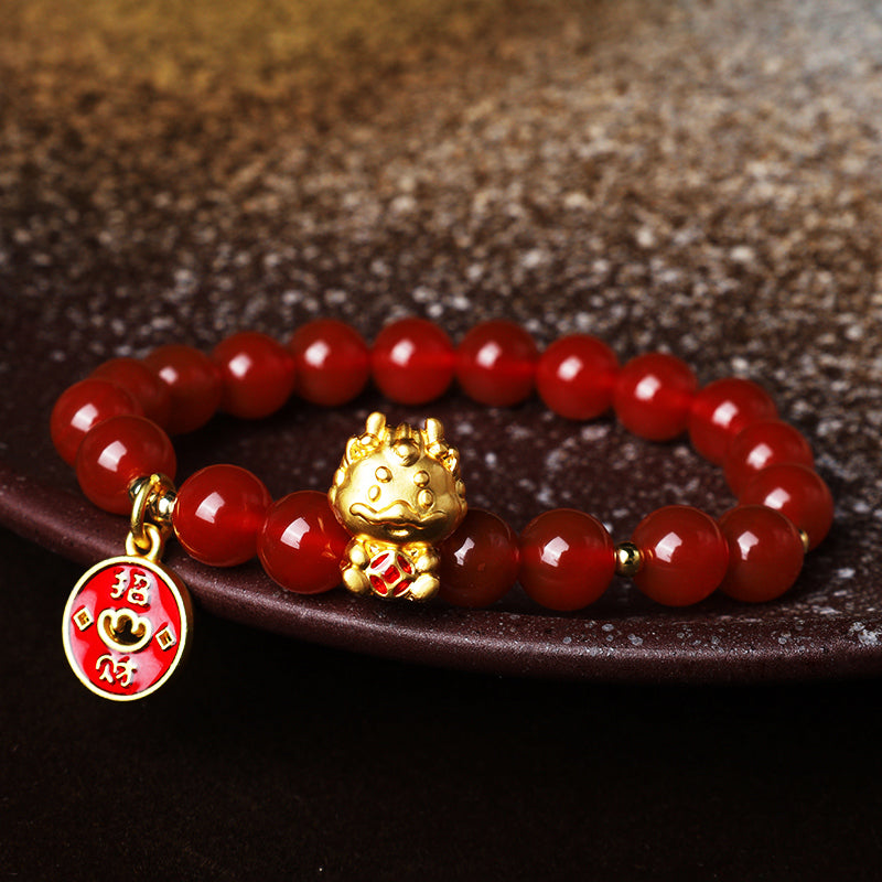 Buddha Stones, Jahr des Drachen, natürliches rotes Achat-Kupfer-Münze-Armband, das Glück anzieht