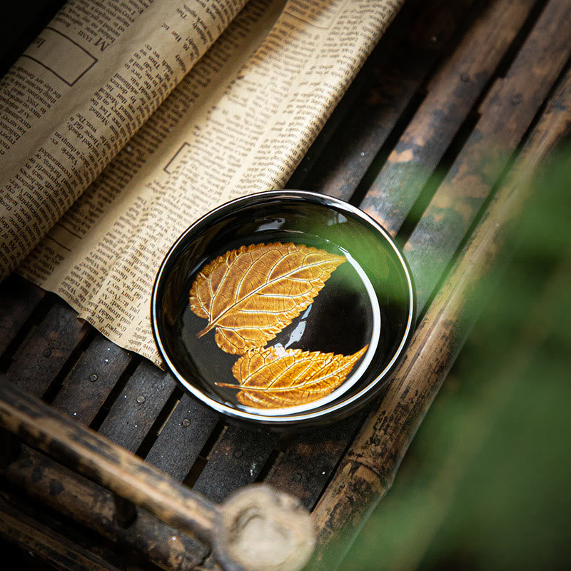 Buddha Stones Gold Maple Leaf Chinesische Jianzhan Keramik Teetasse Tenmoku Kung Fu Teetasse Schüssel