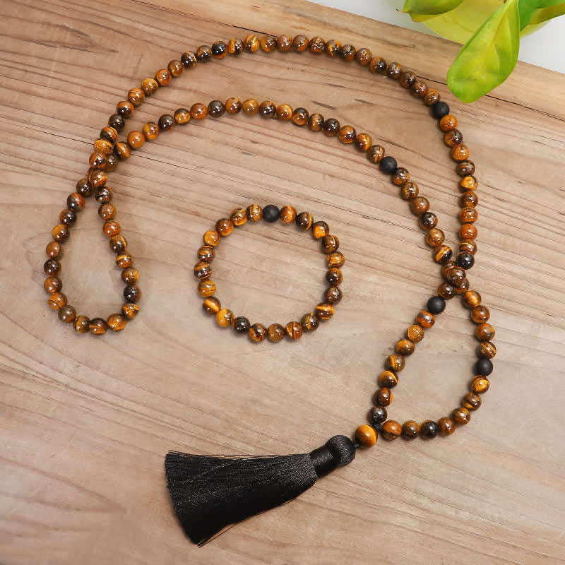 Buddha Stones 108 Perlen Mala Tigeraugenschutz Quastenarmband