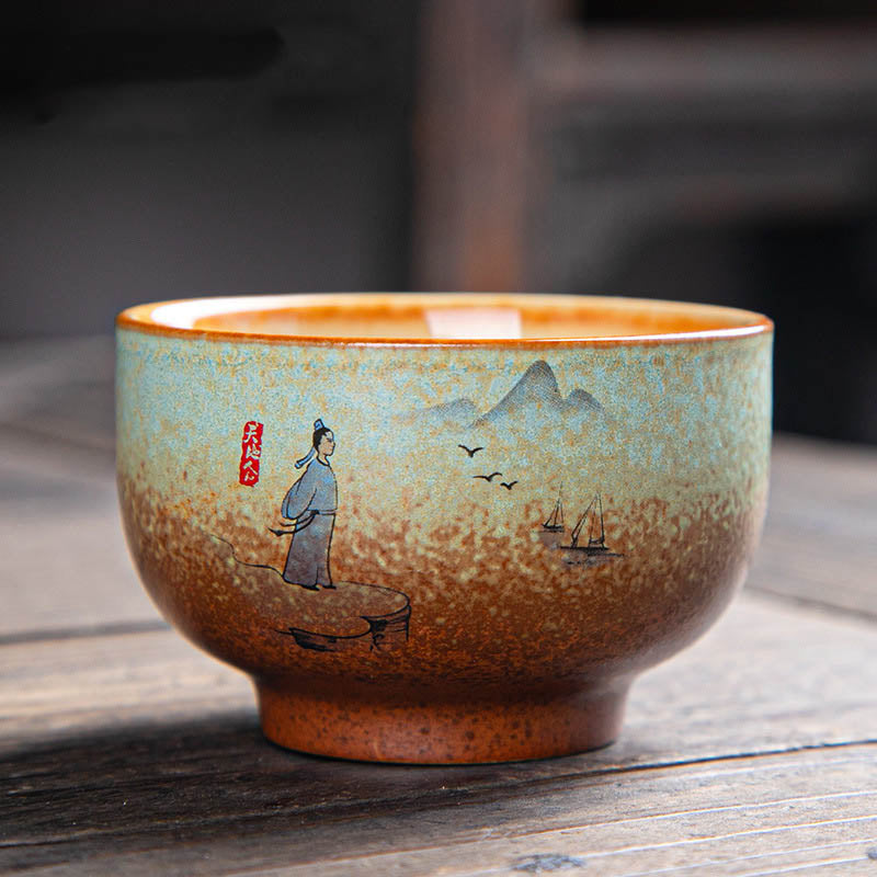 Buddha Stones, bunt, Hirsch, Pipa, Schnee, Pflaumenblüten, Berge, Flüsse, Vogel, Keramik-Teetasse, Kung-Fu-Teetasse, Schüssel