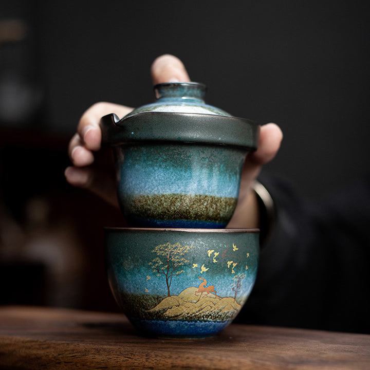 Buddha Stones Keramik-Teetasse, Hirsch, Bergbäume, schöne Katze, schwarze Teetasse mit Deckel und Beutel