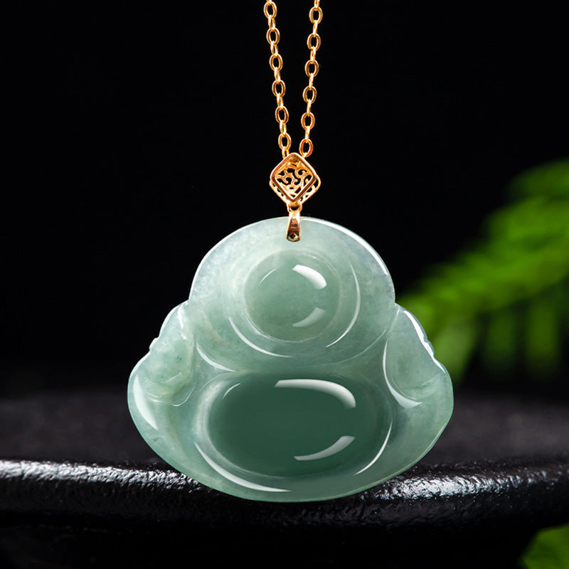 Lachender Buddha Halskette Anhänger aus natürlicher Jade, Wohlstand, Fülle