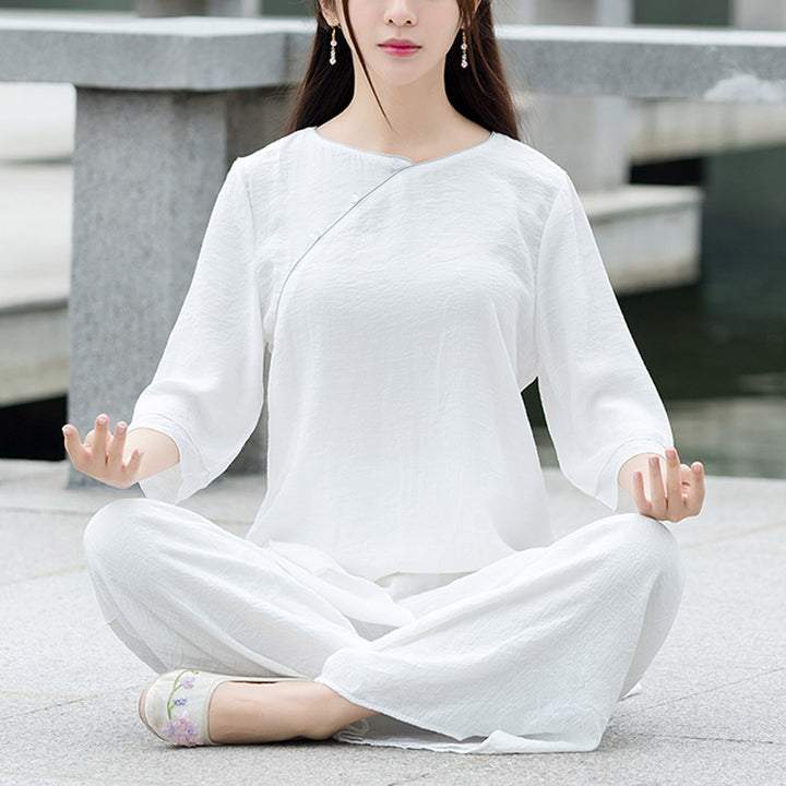 Buddha Stones 2-teiliges schlichtes Design, Weiß Oberteil, Hose, Meditation, Yoga, Zen, Tai Chi, Baumwoll-Leinen-Kleidung, Damen-Set