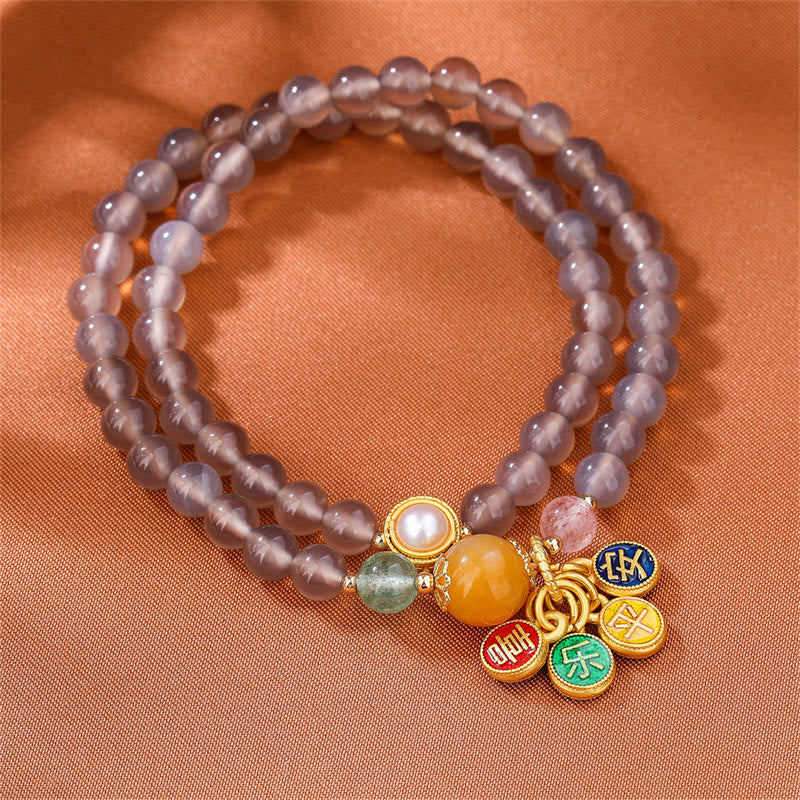 Buddha Stones Natürliches graues Achat-Friedens- und Freude-Charm-Balance-Doppelwickelarmband