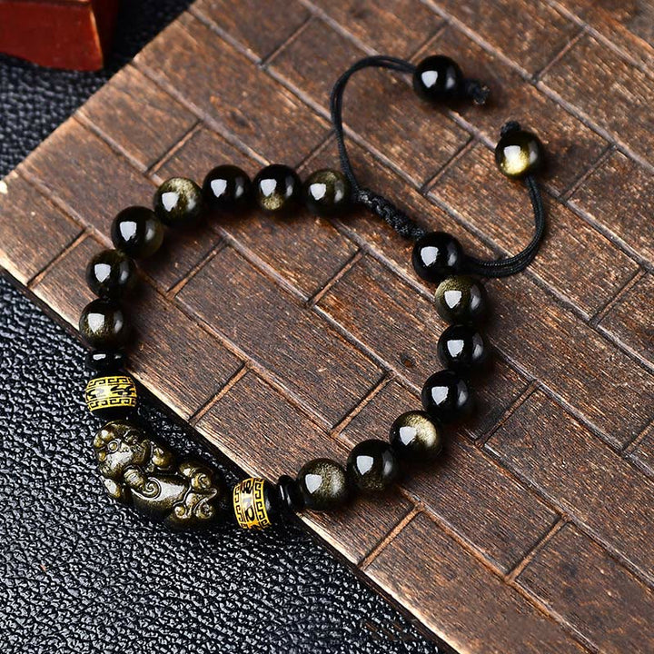 Buddha Stones Natürlicher Goldglanz-Obsidian PiXiu Om Mani Padme Hum Reichtum geflochtenes Armband