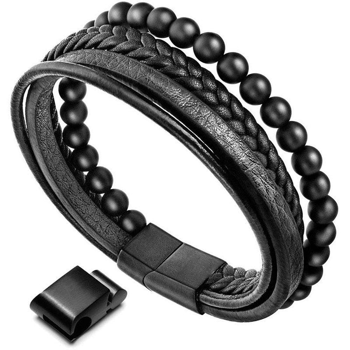 Buddha Stones, natürliches Lavagestein, schwarzes Onyx-Perlen-Lederarmband