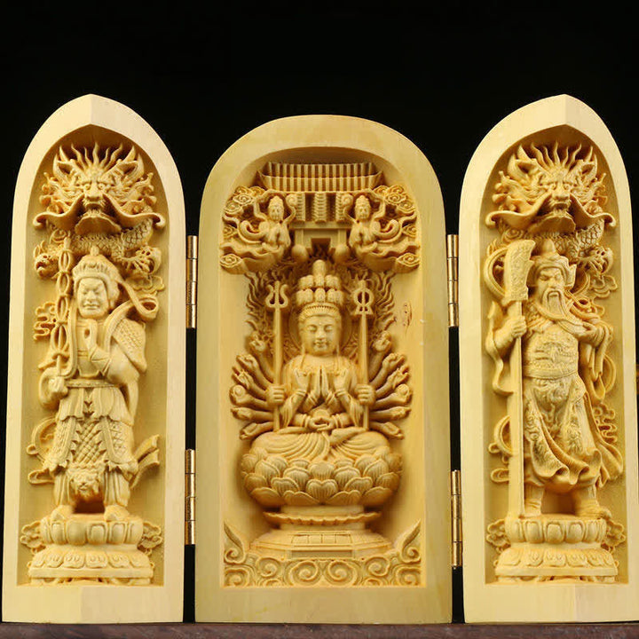 Handgeschnitzter tragbarer Buddha-Buchsbaum-Serenity-Home-Deko-Altar