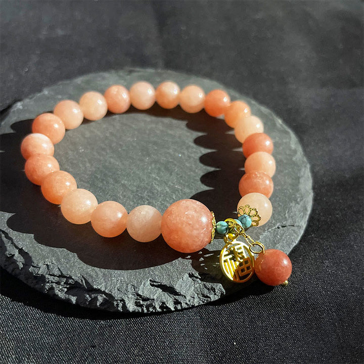 Armband mit Buddha Stonesn, natürlichem orangefarbenem Stein, Türkis, Fu-Charakter, Glücksbringer