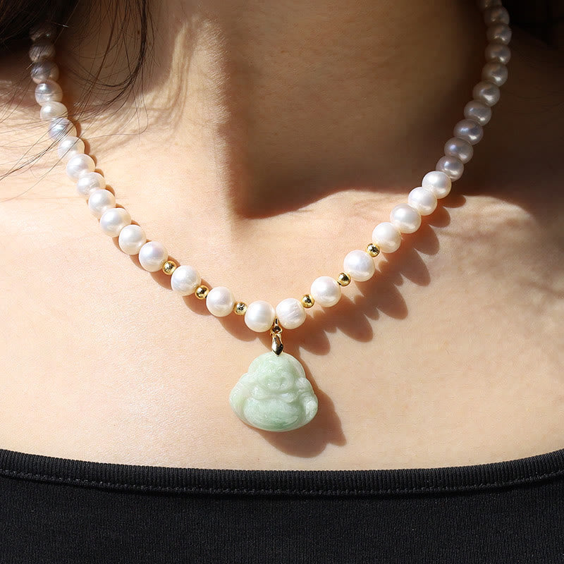 Buddha Stones, lachender Buddha, Jade-Perlen-Wohlstands-Halskette, Anhänger, Armband, Ohrringe