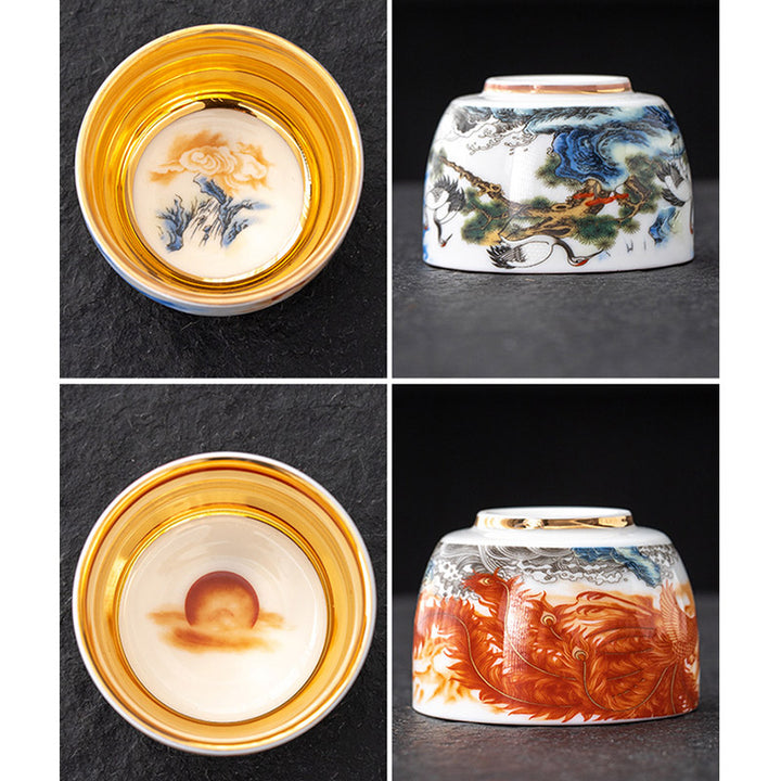 Buddha Stones, Drache, Phönix, Kranich, Sonne, Ozean, Wellen, vergoldete Keramik-Teetasse, Kung-Fu-Teetasse, 170 ml