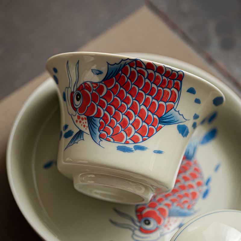 Buddha Stones Koi Fisch Arowana Keramik Gaiwan Sancai Teetasse Kung Fu Teetasse mit Deckel 130 ml