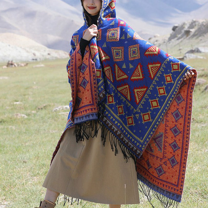 Tibetischer Schal mit Buddha Stonesn, Dreiecksmuster, Kapuzenumhang, gemütlicher Winter-Reiseschal