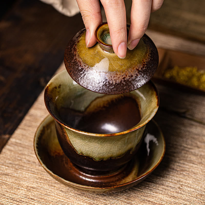 Buddha Stones Vintage Brown Kiln Change Design Porzellan Keramik Gaiwan Sancai Teetasse Kung Fu Teetasse und Untertasse mit Deckel