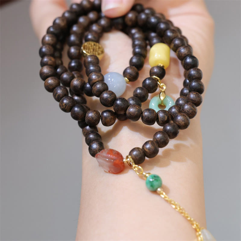 Buddha Stones 108 Mala Perlen Brunei Agarwood Bernstein Roter Achat Friedensschnalle Jade Friedensarmband