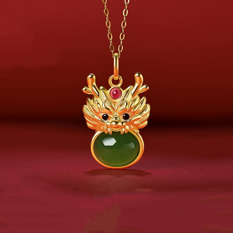 Buddha Stones Jahr des Drachen 925 Sterling Silber natürliche Hetian Weiß Jade Cyan Jade Erfolg Halskette Anhänger